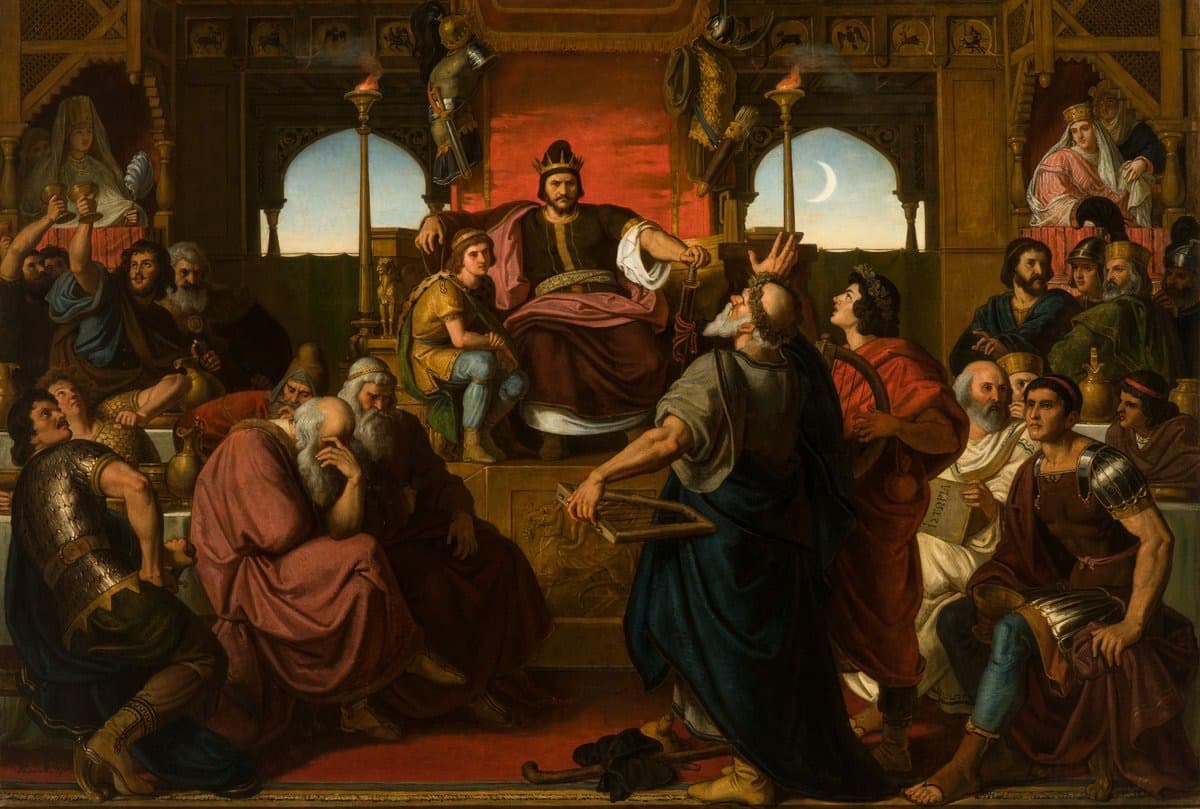 Nineteenth-century oil painting of a torchlit banquet, a stern seated ruler surrounded by warriors and musicians